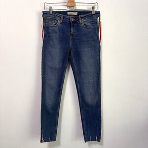 Zara Basic Distressed Jeans 8 Raw Cuff‎ Cropped Red Tuxedo Stripe Stretch Skinny